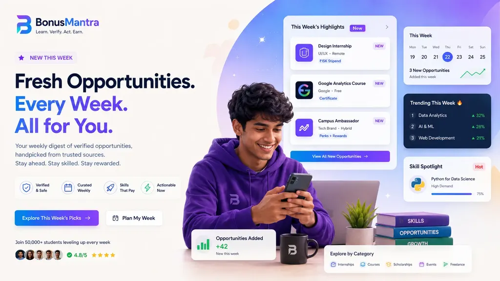 Weekly digest BonusMantra hero illustration showing fresh opportunities and weekly highlights