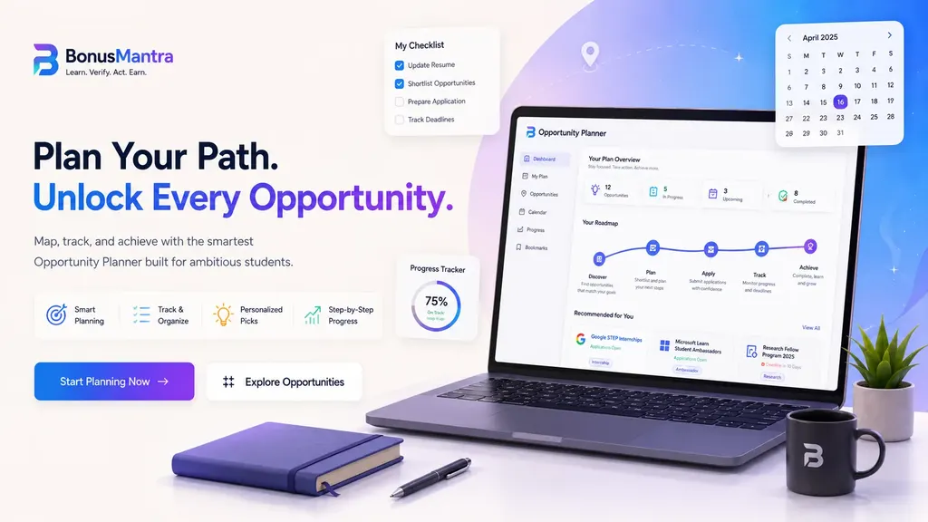 Opportunity Planner hero illustration showing roadmap, checklist, and planning dashboard