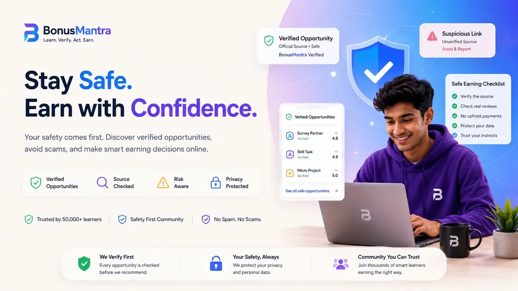 Beginner-safe hero illustration focused on verified opportunities, safety, and confidence